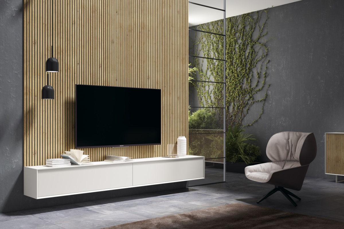 Mueble de televisión con panel de salón moderno de Bocubi Mobiliario colección Ilusion Day 01