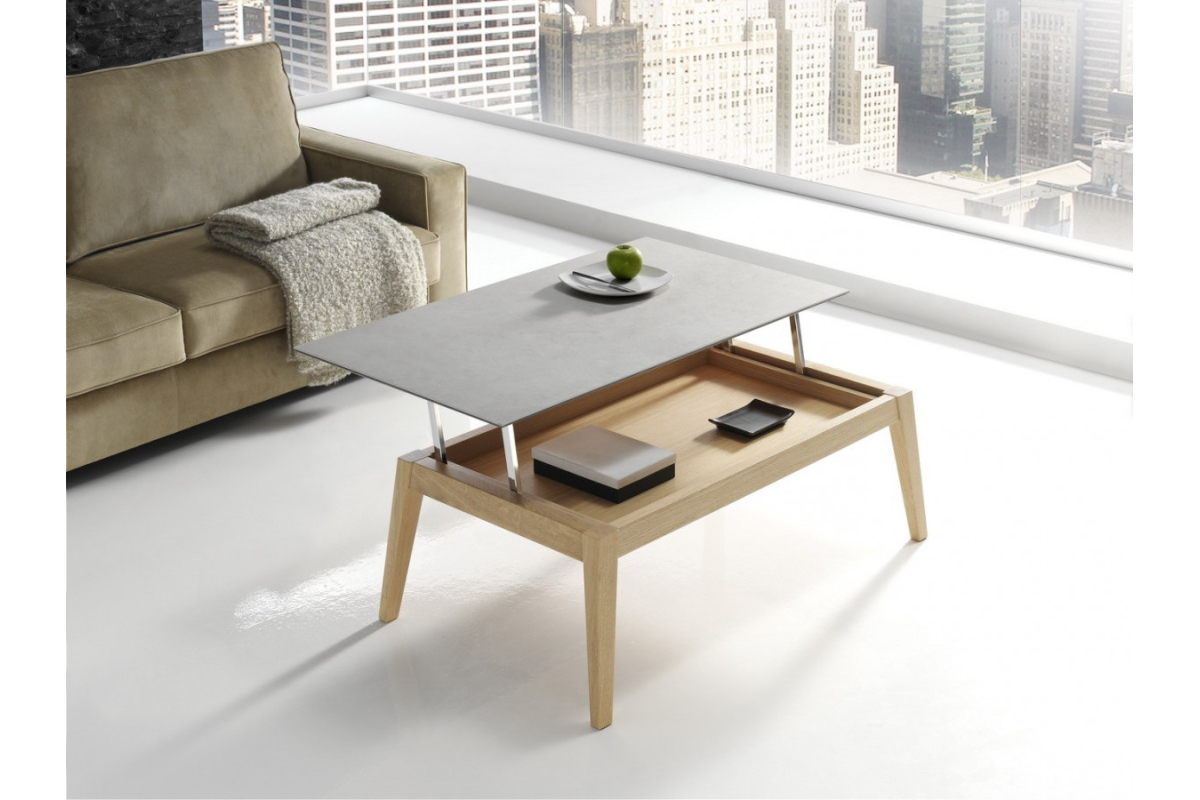 Detalle mesa de centro elevable tapa porcelánico modelo Nórdic de Indesan